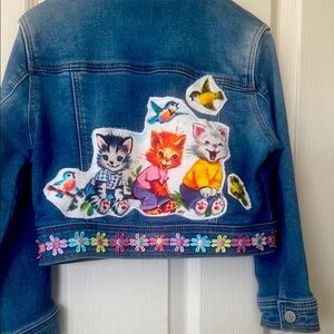Kids Denim Jacket with Cat and Bird Patches